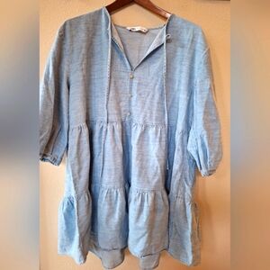 Zara Womens Blue Chambray  Mini Dress Tunic Babydoll 3/4 Sleeves Size L
